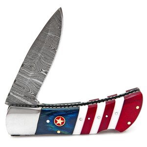 Navaja Plegable de Acero de Damasco con Mango de Bandera de Texas, Funda de Cuero, EDC de Bolsillo, para Caza, Camping, Grado Industrial - Product Image 5
