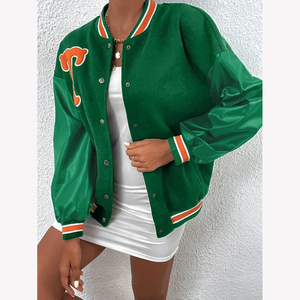 Chaquetas universitarias Letterman de talla grande para mujer, chaquetas de béisbol de invierno, Mangas de cuero, soporte bordado de chenilla, tela teñida lisa - Product Image 5