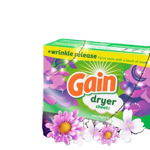 Feuilles assouplissantes pour sèche-linge Gain, 105 unités, parfum Brise de Lune, feuilles assouplissantes pour linge avec Aromaboost Plus 2-en-1 pour une douceur accrue - Product Image 1