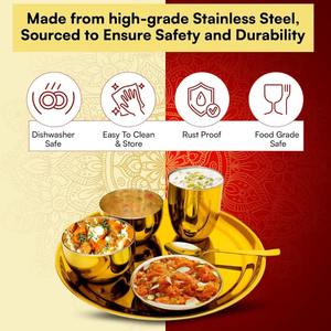 Service de vaisselle en acier inoxydable avec détails dorés comprenant une assiette, un bol à soupe et une tasse en métal - Product Image 3