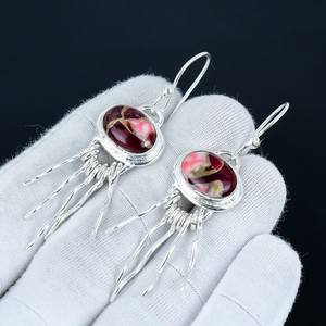 Boucles d'oreilles en pierre précieuse turquoise d'huître à pointes rouges, argent sterling 925, boucles d'oreilles à crochet faites à la main, cadeaux de Noël - Product Image 2