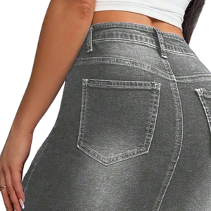 Jupe crayon grise en denim extensible (Spandex/Coton) pour femme, taille haute, coupe droite, longueur midi, décontractée, effet usé, lavée, hiver automne - Product Image 5