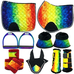 Ensemble de tapis de selle en coton tie-dye arc-en-ciel Tough Tack, protège-pattes, protège-encoches, moustiquaire pour chevaux, étriers en aluminium pour l'équitation - Product Image 1