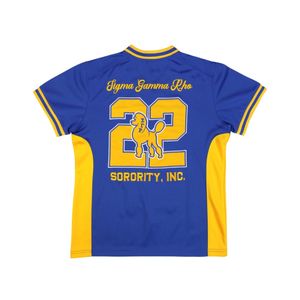 Sigma Gamma Rho SGRho Greek Sorority Blue <b>Gold</b> Football Jersey 100% Polyester with Team Logo Front Back Shoulder Embroidery - Product Image 2