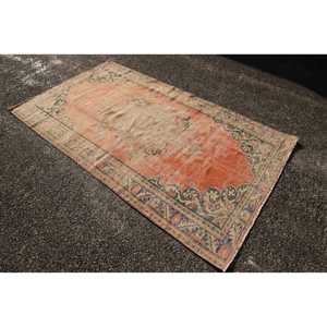 Vintage Turkish Rug 4.7x8.2 ft, <b>Red</b> Area Striped <b>Wool</b> Rug - Product Image 2