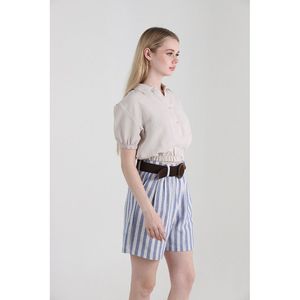 TOPSHOW Women's Blue Striped Belted <b>Linen</b> Blend Casual Shorts for Summer Beachwear & Wholesale Orders - Product Image 2