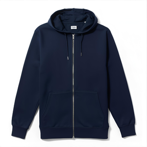 Sweat-shirt à capuche à double fermeture éclair en molleton de coton bleu marine avec logo personnalisé et fabricant d'options OEM/ODM - Product Image 1