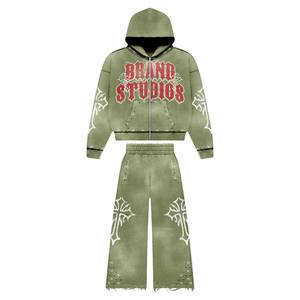 Diseño de logotipo personalizado Impreso Último Diseño de Moda de gran tamaño Peso pesado Sun Faded Sudadera con capucha y pantalón Chándal - Product Image 6