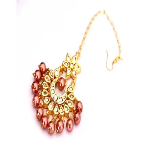 Ensemble de bijoux fins plaqués or 24 carats Kundan, collier avec boucles d'oreilles et Maang Tikka pour les mariages, pierres en zircon - Product Image 4