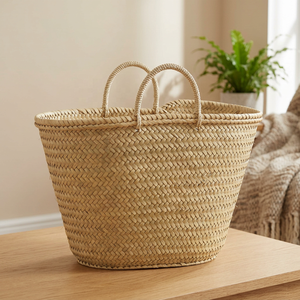 Natural <b>Baskets</b> Handmade Straw <b>Basket</b> Two Handles Minimalist Design Open Top Storage Bucket Home Decoration Straw Lining - Product Image 1
