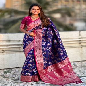 Sari de Seda Suave Banarasi Premium VASTRA COTTAGE, Color Oro Rosa, Zari Meenakari Jaal, Pallu de Rico Contraste con Blusa, Ropa Festiva - Product Image 6