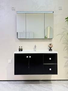 Ensemble de meuble-lavabo de salle de bain moderne haut de gamme en MDF laqué avec portes en verre de style crème français résistantes à l'eau - Product Image 2