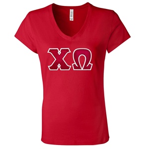 B2B Chi Omega, camiseta roja con cuello en V para mujer, camiseta con letras griegas, ropa universitaria de alta calidad, etiqueta privada informal personalizable - Product Image 1