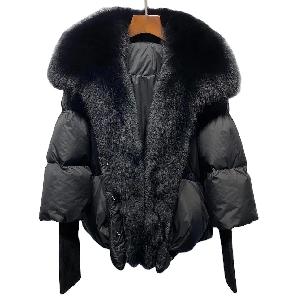 Oversized Winter Warm Detachable Fur Collar Black Down Coat Women Puffer Jackets Ladies