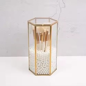 Tall <b>Vintage</b> Brass & Glass Jewelry <b>Box</b> with Make-Up Brush Organizer Custom Size Home Decoration Storage - Product Image 1