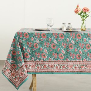 Green <b>Pink</b> Floral Block Print Cotton <b>Tablecloth</b> Indian Wedding Table Cover Party Decor Linen Set - Product Image 3