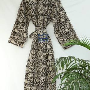 Peignoir de bain Kantha en coton beige bohème indien imprimé à la main Vente en gros Vêtements de nuit pour femmes Robe maxi kimono - Product Image 3