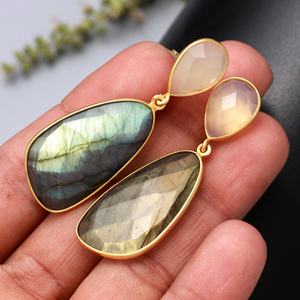 Plata de Ley 925 hecha a mano Natural labradorita orgánica piedra preciosa 18K chapado en oro Vintage antiguo minimalista pendientes para mujer - Product Image 6