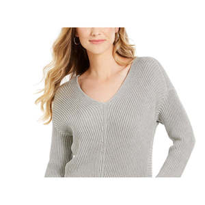 Maglione da Donna Charter Club in Cotone Premium Testurizzato con Scollo a V, Cappotto Casual Invernale con Logo Frontale, Grigio, Taglia Media per l'Autunno - Product Image 2