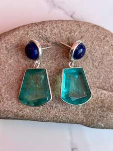 Pendiente hecho a mano de turmalina Paraiba de Plata de Ley 925 con lapislázuli, hermoso pendiente de mujer. - Product Image 5