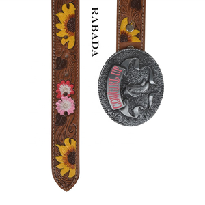 New Arrival Genuine Leather Western Hand <b>Tooled</b> and Hand Painted Sunflower <b>Belts</b> Real Handmade <b>Tooled</b> Leather Women Waist <b>Belts</b> - Product Image 3