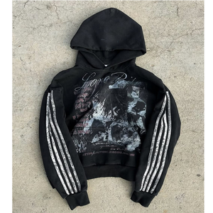 Conjunto Deportivo de Invierno Personalizado Ecológico con Estampado, Sudadera Corta con Lavado Ácido, Pantalones Deportivos Acampanados, Estilo Desgastado por el Sol, con Pedrería, Ropa Urbana - Product Image 2