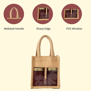 Sac de jute écologique à deux pots avec fenêtre en PVC idéal pour l'emballage des aliments, les cadeaux ou la vente au détail. Poignée solide et aspect naturel. - Product Image 6