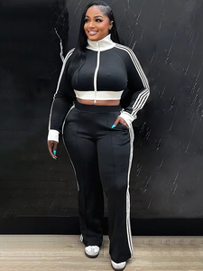 Ensemble de survêtement sport décontracté brodé pour femmes, deux pièces, haut à manches longues avec fermeture éclair et pantalon de jogging uni - Product Image 3