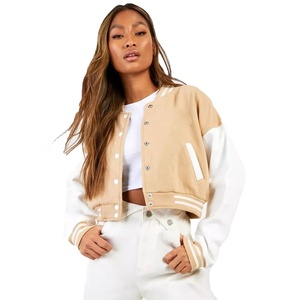 Women's Trendy Cropped Letterman Jacket Varsity Coat with Embroidery Decoration Custom Winter Clothes Wool Body Leather Sleeves - Product Image 2