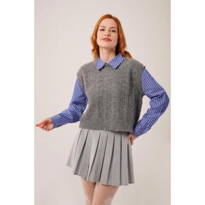Suéter de Punto Gris para Mujer Lustrin con Cuello Camisero Elegante y Detalles en las Mangas, Corte Estándar, Top Pullover al por Mayor - Product Image 1