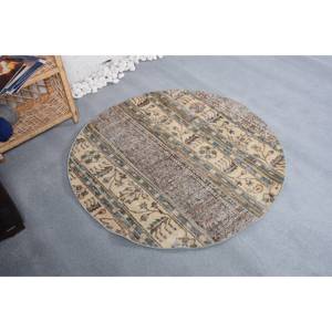Tapis Vintage Classique en Laine Beige Bleu Patchwork Fait à la Main 37X37 Pouces Rectangle Latex Support Peluche pour Chevet 4m 10mm Polyester - Product Image 3