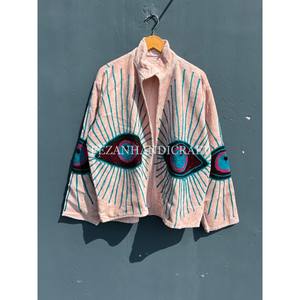 Unisex Autumn Winter Jacket Peach Velvet with Uzbek Floral Embroidery Stand Collar and Cotton Lining Women's <b>Coat</b> - Product Image 4