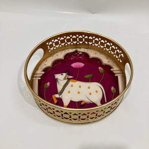 Plateaux de service ethniques indiens en laiton pour la maison, assiettes Meenakari pour le thé et le café - Product Image 4