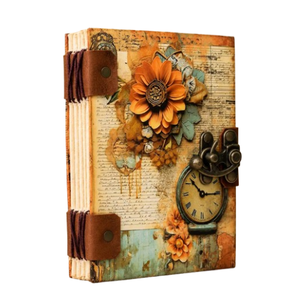 Vintage Floral Cardboard Cover Journal <b>with</b> Antique <b>Lock</b>, 7x5 Handmade <b>Diary</b>, Deckle Edge Paper Notebook - Product Image 1
