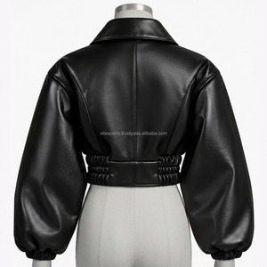 Black Faux Leather Cropped Bomber <b>Jacket</b> for <b>Women</b> Puff Sleeves Elastic Waist <b>Zip</b> <b>up</b> Winter Outerwear - Product Image 5