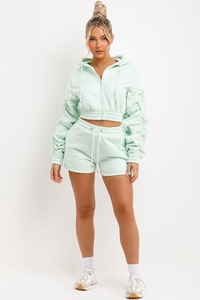 2025 New High Neon <b>Green</b> Color Cropped Zipper Hoodie Sweatshirts For Women's Custom Cotton Two Piece Sets Hoodie & <b>Shorts</b> - Product Image 5