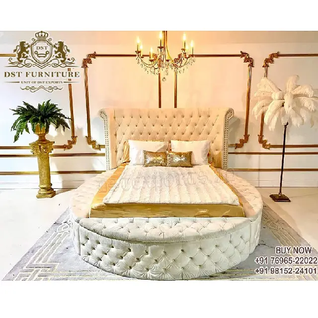 Modernes Teakholz King Size rundes gepolstertes Bett Queen Size hand geschnitztes Leder rundes Bett Massivholz Modisches rundes Bett