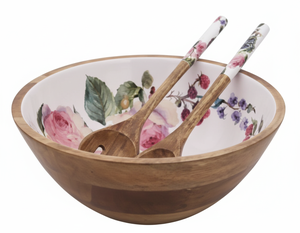 Bol en bois élégant et écologique avec intérieur en émail décoratif et cuillères de service pour les fêtes et la maison - Product Image 1