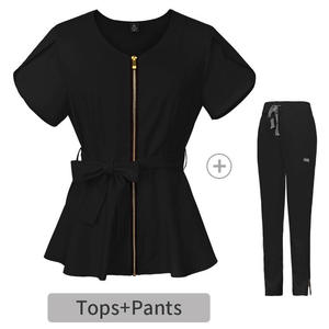 Top de enfermera de manga corta para mujer con pantalones para correr, uniformes médicos al por mayor, traje de tela de punto con cremallera para el personal del Hospital - Product Image 2