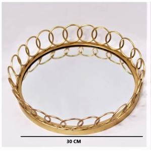 Plateau de service en métal en verre miroir doré fait à la main avec poignées pour la décoration de la maison et de l'hôtel plateau de miroir rond en métal de styliste - Product Image 4