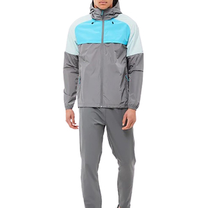 Ensemble deux pièces personnalisé pour l'automne, style streetwear, comprenant une veste courte coupe-vent décontractée à capuche, patchwork, avec cordon de serrage, 100% polyester, couleur unie - Product Image 1