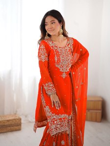 RICH LOOK MODERN GEORGETTE EMBROIDERY WORK <b>TOP</b> SHARARA DUPATTA PARTY WEDDING <b>FESTIVAL</b> WEAR WHOLESALE REVERSER ETHNIC MODAL - Product Image 6