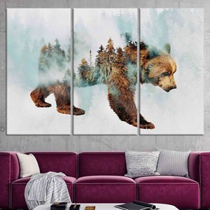 Lienzo impreso con diseño de oso caminando en la nieve: arte abstracto para pared con motivos forestales, JUEGO DE 3 LIENZOS - Product Image 1
