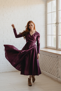 Robe longue en lin élégante pour femmes avec ceinture Manches longues Col en V Style bohème décontracté Inspiré du style vintage Teint uni - Product Image 5