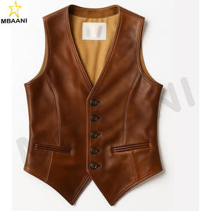 Gilet en cuir sans manches à col en V pour homme, en cuir d'agneau véritable de qualité supérieure, style décontracté de cow-boy occidental, moto - Product Image 2