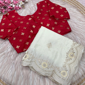 Vêtements de créateur de boutique indienne Saree Chinon Saree blanc en soie avec chemisier ethnique fantaisie pour fête de mariage Sari le plus vendu - Product Image 1