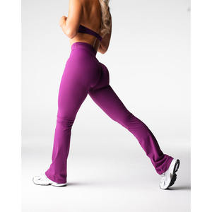 Últimas mallas acampanadas sin esfuerzo de color violeta profundo, figura favorecedora, costura en la cadera, cintura alta y ropa activa, mallas de gimnasio a la moda para mujer - Product Image 4