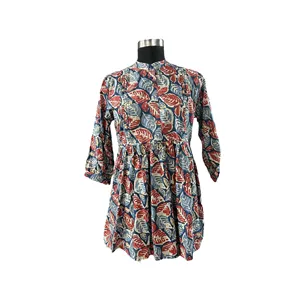 Indian Hand <b>Block</b> <b>Printed</b> Short Dress Beautiful Boho Style with Elastic Waist Mandarin Collar Size 5XL Washable for Office Club - Product Image 1