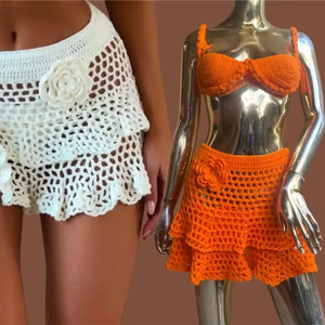 Maillot de bain bikini fait main sur mesure avec jupe, sexy, taille haute, tricoté, deux pièces, motif uni, XS Plus, tenue de plage - Product Image 1