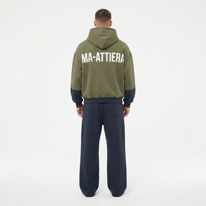 Custom Men Green Navy Color Block <b>Zip</b> Up Hoodie <b>Jogger</b> Set Cotton Fleece Casual Tracksuit OEM Wholesale - Product Image 1